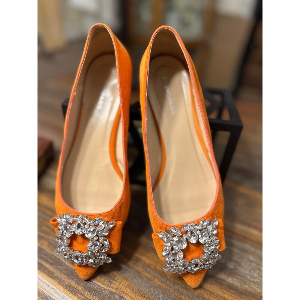 COSMOPARIS Orange Suede Rhinestone Bow Pointed Toe Flats Shoes Size 38 or‎ 7.5